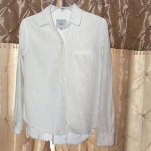 Rails Ingrid White Collared Shirt with Star Patches and frayed hem